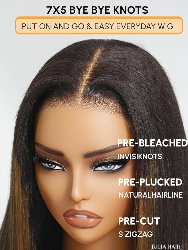 Julia Hair Chestnut Brown Ombre Yaki Straight 7x5 Pre Cut HD Lace Put On and Go Wig Bye Bye Knots Glueless Human Hair Wigs with Invisi Drawstring Pre Plucked Bleached Knots Beginner Friendly 22 Inch