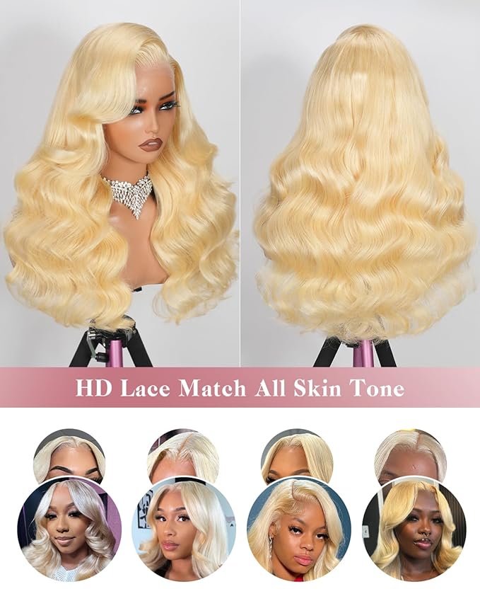 18 Inch 613 13x6 Lace Front Wig Human Hair 180 Density Blonde Wig Human Hair Body Wave 100% Real Human Hair True Length Random Dyeing No Shedding No Synthetics Triple Lifespan 3X