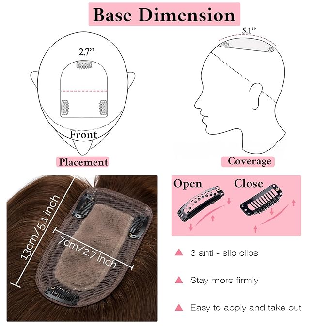 SEGO 100% Real Human Hair Toppers, with Air Bangs, Silk Base 150% Density, Clip in Topper, 2.7”x5.1”, HairPieces for Women, with Thinning/Hair Loss Cover Gray