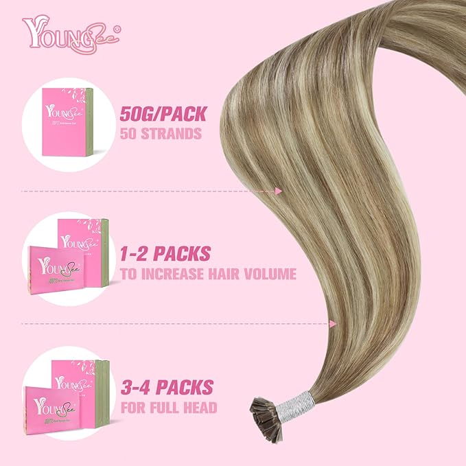 YoungSee K Tips Balayage Hair Extensions Hot fusion Pre Bonded Ktip Hair Extensions Human Hair Ombre Brown and Blonde 18In 1G/S 50G