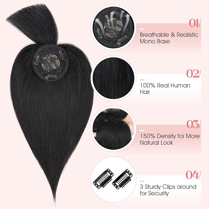 Hairro Mono Hair Toppers with Bangs, 3.4" x 3.4" Mono Base 100% Real Human Hairpieces for Women, 150% Density Clips In Topper for Greyish Thinning Hair, 14 Inch Jet Black