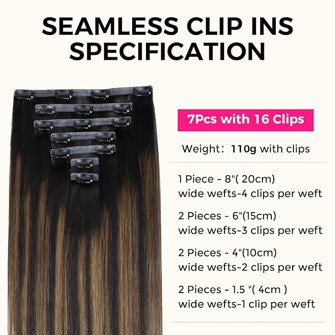 Lashey Hair Seamless Clip in Hair Extensions Human Hair 18 Inch 110g 7pcs Light Yaki Straight Human Hair Clip in Extensions Natural Black Mixed Chestnut Brown Hair Extensions for Women