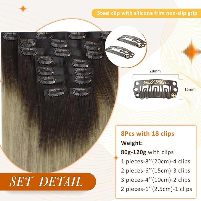 Full Shine Seamless Hair Extensions Clip in Dark Brown to Blonde Clip in Hair Extensions Real Human Hair 20 Inch Remy Hair for Women Full Head Softness 8 PCS 120 G