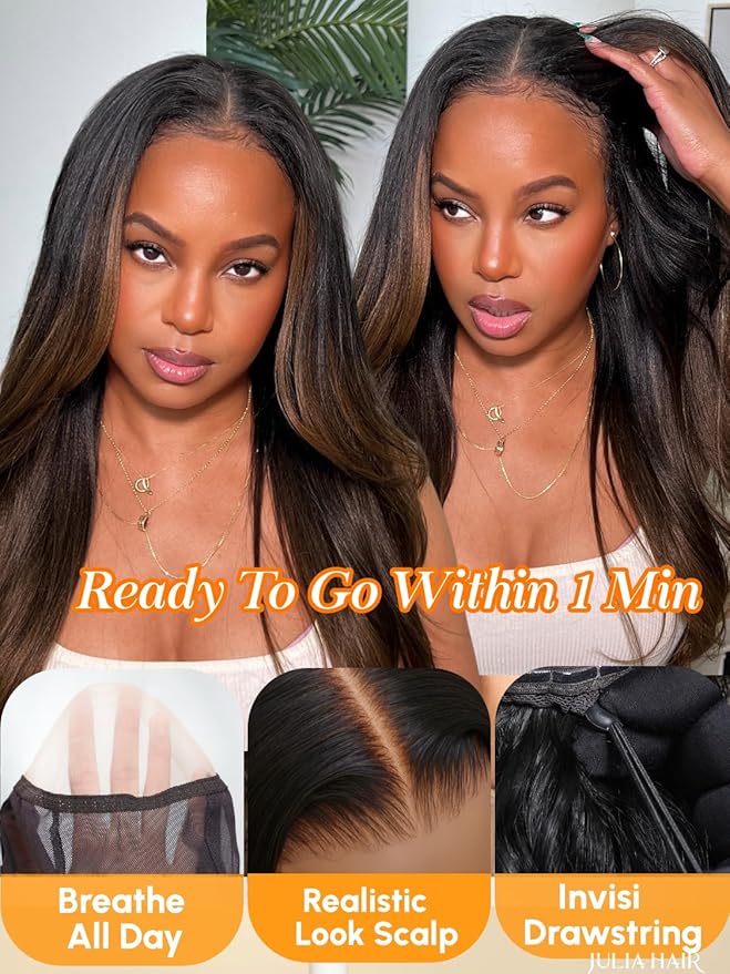 Julia Hair Chestnut Brown Ombre Yaki Straight 7x5 Pre Cut HD Lace Put On and Go Wig Bye Bye Knots Glueless Human Hair Wigs with Invisi Drawstring Pre Plucked Bleached Knots Beginner Friendly 26 Inch