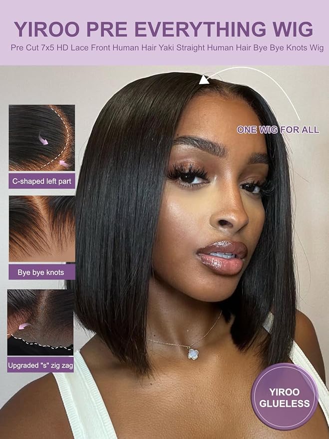 YIROO Yaki Straight Bob Human Hair Drawstring Wigs Pre Cut 7x5 HD Lace Front Wig Bye Bye Knots Glueless Yaki Short Bob Human Hair Wigs Pre Plucked Invisible Knots 150% Density Ready to Go 14Inch