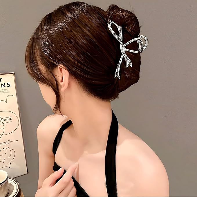 Silver Ribbon Bow Metal Hair Clips, Alloy Elegant Non-Slip Strong Hold Grip Jaw Clip for Thick and Thin Hair