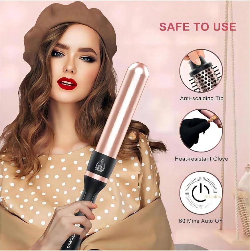 Curling Iron Set, O'bella 5 in 1 Curling Wand Set with Thermal Brush&4 Interchangeable Ceramic Curling Wand(0.35”-1.25”), 2 Temps Instantly Heating Hair Wand Curler Gold