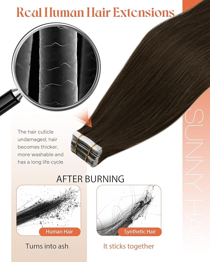 Sunny Hair Tape in Hair Extensions,Dark Brown Tape in Hair Extensions Human Hair Invisible Remy Human Hair Tape in Extensions 12 inch 20Pcs