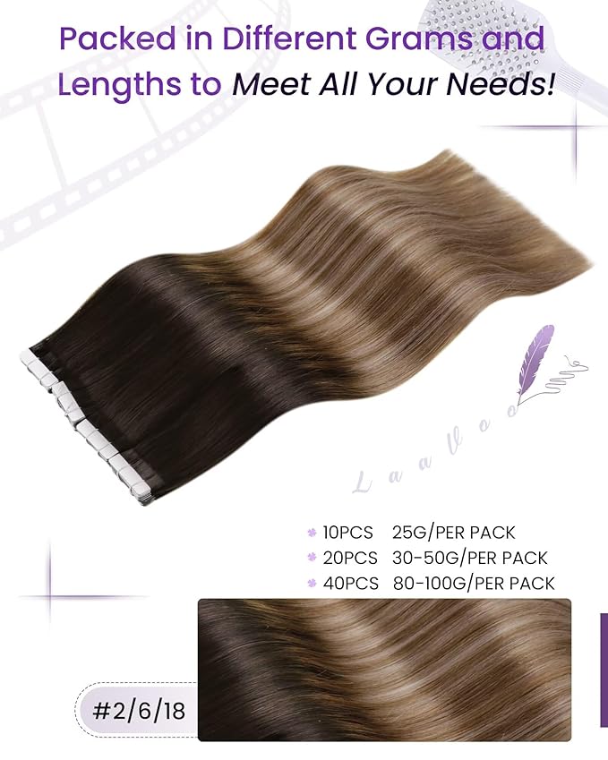 LaaVoo Tape in Hair Extensions Human Hair Ombre Tape Extensions Balayage Brown Fading to Chestnut Brown Mix Golden Brown 14inch 20pcs/50g