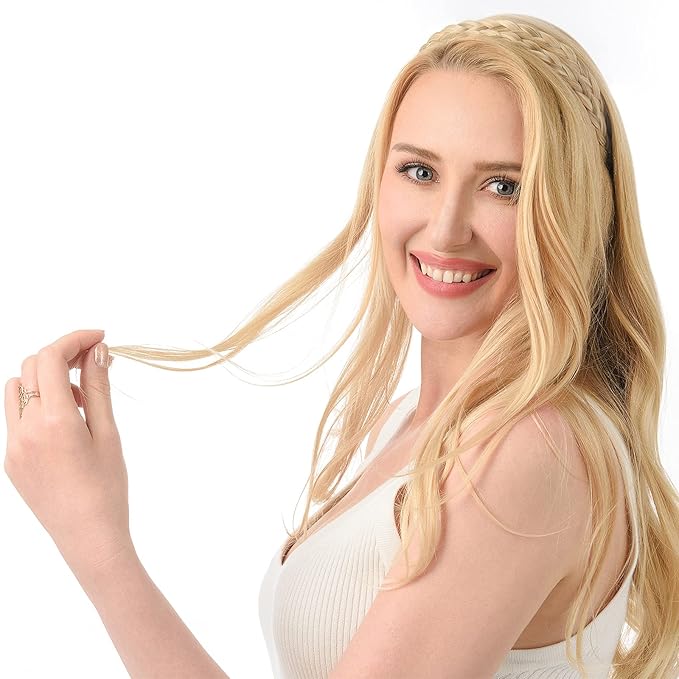 DIGUAN Double Three Strand Synthetic Hair Braided Headband Hairpiece Extension Women Girl Beauty accessory (Buttered Toast)
