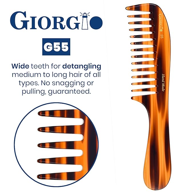 Giorgio G55 Wide Tooth Comb for Wet Hair Detangling, Hair Comb for Thin to Medium Thickness Hair Detangler, Hair Combs for Women, Handmade Large Tooth Rake Comb Saw-Cut and Hand Polished