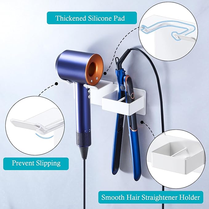 Hair Dryer Holder, Hair Straightener Holder Wall Mount, Hair Tool Organizer, Hairdryer and Straightener Holders, Adhesive Hair Tool Storage for Blow Dryer, Curling Iron, Flat Iron Stand (White)