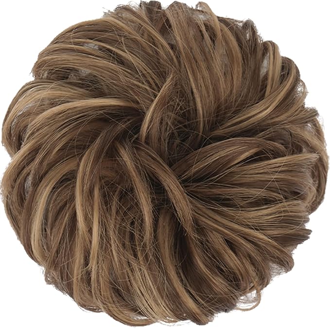 FESHFEN Messy Bun Hair Piece - Elastic Wavy Curly Hair Bun Scrunchies Extensions Synthetic Chignon Hairpieces for Women Girls, Brown Mixed Honey Blonde 1.5 oz
