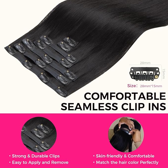 Lashey Seamless Hair Extensions Real Human Hair 110g 7pcs Light Yaki Straight Clip in Hair Extensions Natural Black 24 Inch Seamless Long Clip ins for Women