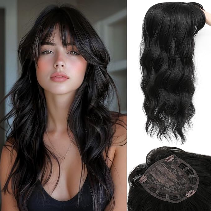 Hair Topper, 360° 3D Hair Toppers for Women with Thinning Crown, 18 Inch Long Wavy Curly Hair Pieces Clip in Bangs (Black, 18 inch, French Bangs)