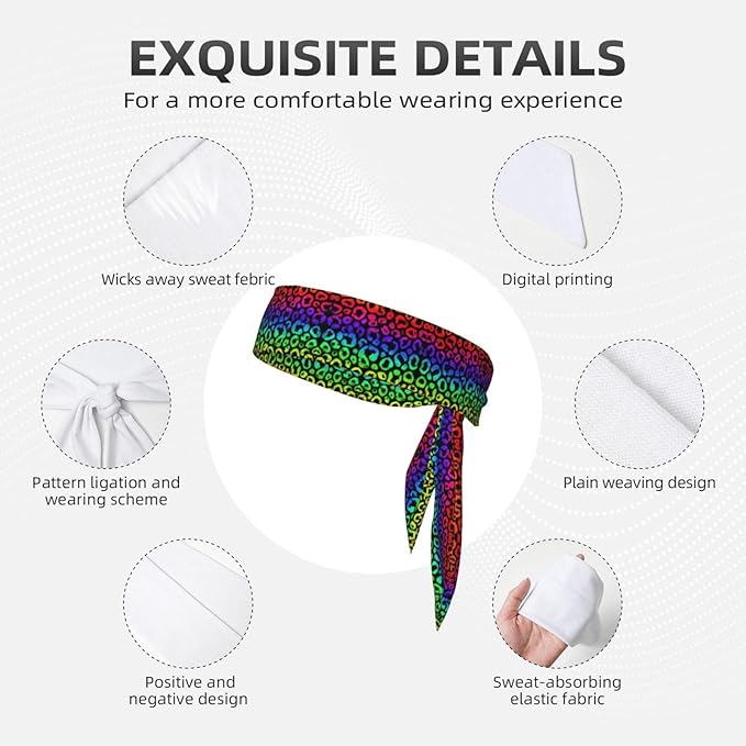 Men's Women Fashion Sports Sweatband Hand Decor for Running Fitness Spa, Long Multifunction Animal Neon Rainbow Colorful Cheetah Leopard Print Black Head Ribbon Headwear