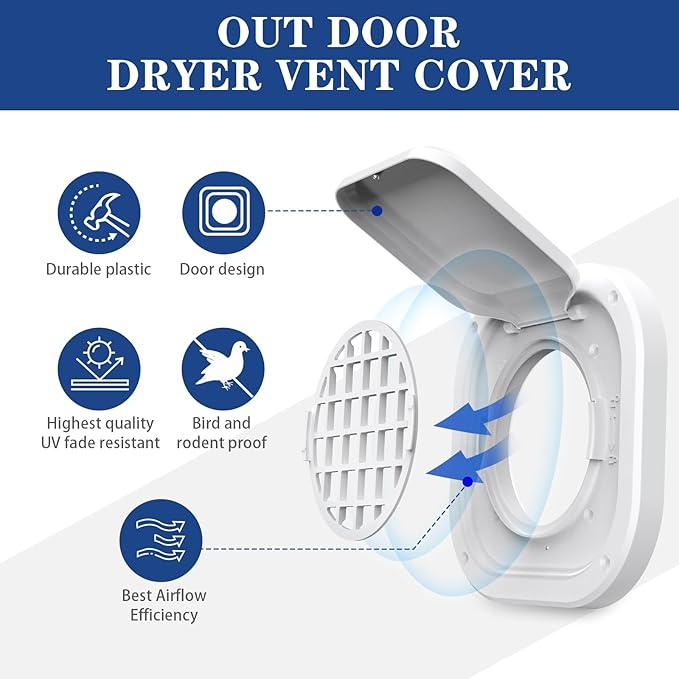 Dryer Vent Cover Outside 4 inch, Magnetic Door Design, Durable Airflow Vent with Lint Trap Screen, Thickened Material, 7 inch x 7 inch Size, White
