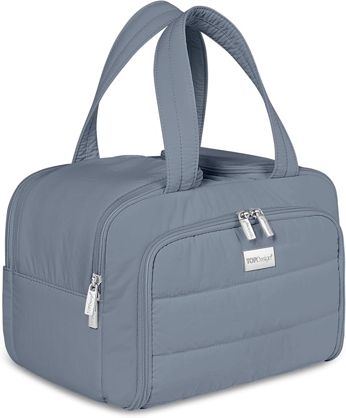 TOPDesign Travel Toiletry Bag for Women, Puffer Large Toiletry Bag, Lightweight Cosmetic Makeup Organizer with Handle for Traveling, Accessories, Essentials, Toiletries (Blue Grey)