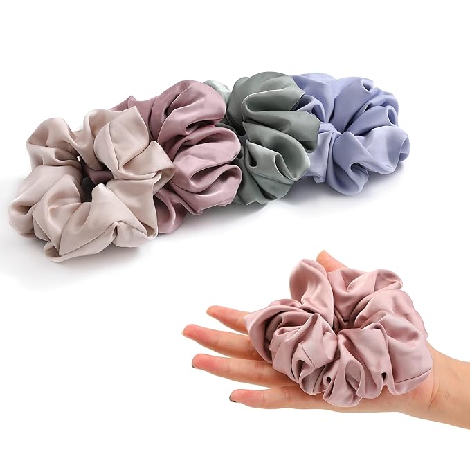 4PCS Large Satin Silk Scrunchies for Women - Big Glossy Scrunchie for Thick Hair Girl Hair Ties Ponytail Holders Jumbo Scrunchies (Blue Green Rose-Red Champagne)