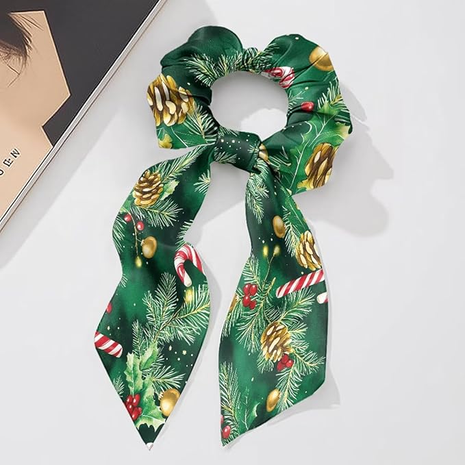 2 Piece Christmas Elastic Ribbon Bow Hair Ties Candy Cane Holly Knotted Bow for Ponytail Fashion Bow Hair Scrunchies with Flowing Tails No Damage