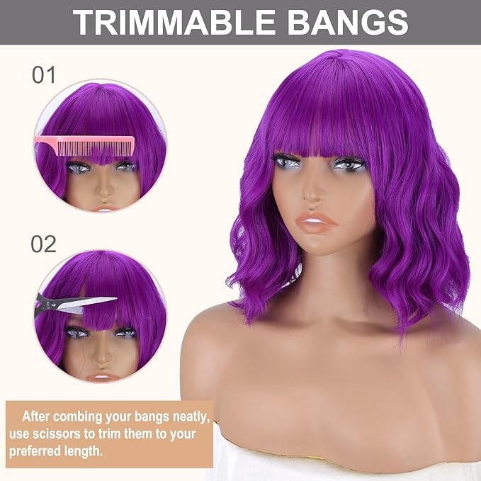 MISSQUEEN Short Dark Purple Wigs with Bangs for Women Loose Wavy Purple Wig Curly Shoulder Length Synthetic Cosplay Bob Purple Wavy Wig for Girl Colorful Costume Wigs
