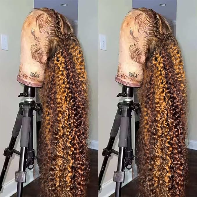 Hidden Strap Deep Wave 360 Lace Front Wigs Human Hair Pre Plucked Highlight Ombre full lace Deep Curly Honey Blonde 4/30 Human Hair Wig with invisible drawstring Ombre 360 Glueless Wigs Human Hair