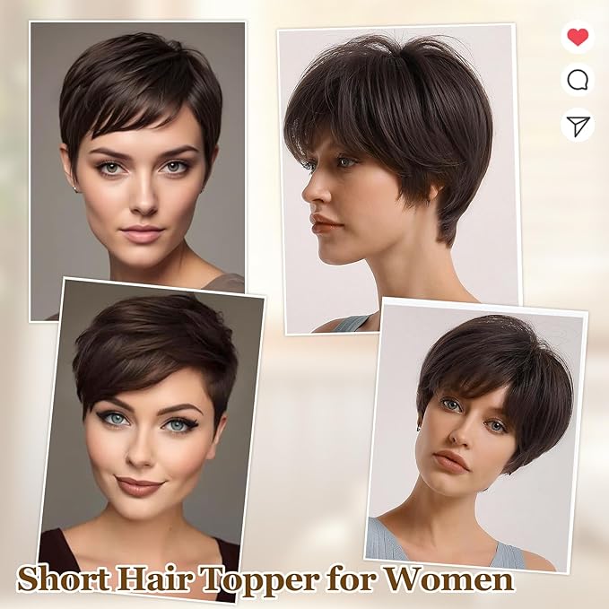 QUEENTAS Brown Short Hair Toppers for Women with Thinning Hair 360°3D Cover with 3 Clips Hair Pieces Wispy Bangs 4.6"*3.6" Coverage(Dark Brown/#2)