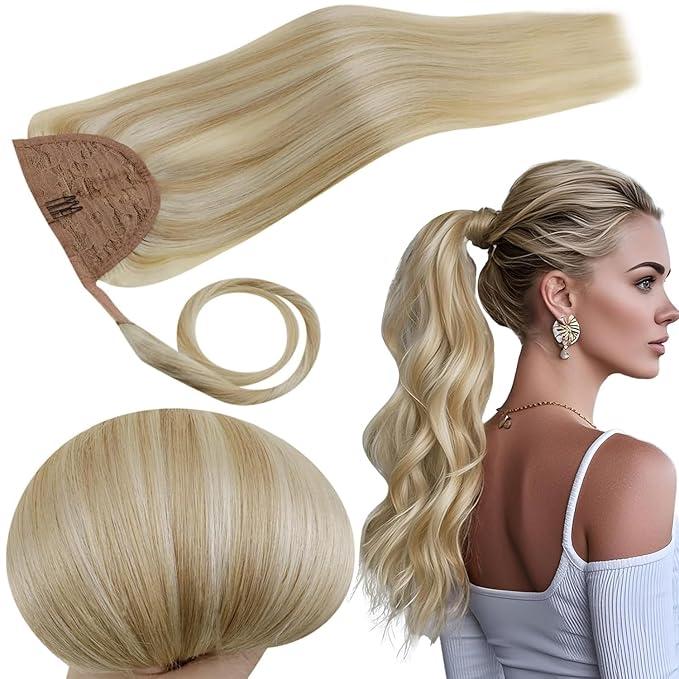 RUNATURE Ponytail Extension Human Hair Blonde 12 Inch 70g Short Real Hair Ponytail Extension Ash Blonde Highlight Bleach Blonde Human Hair Ponytail Straight Wrap Clip in Pony Tails Extension