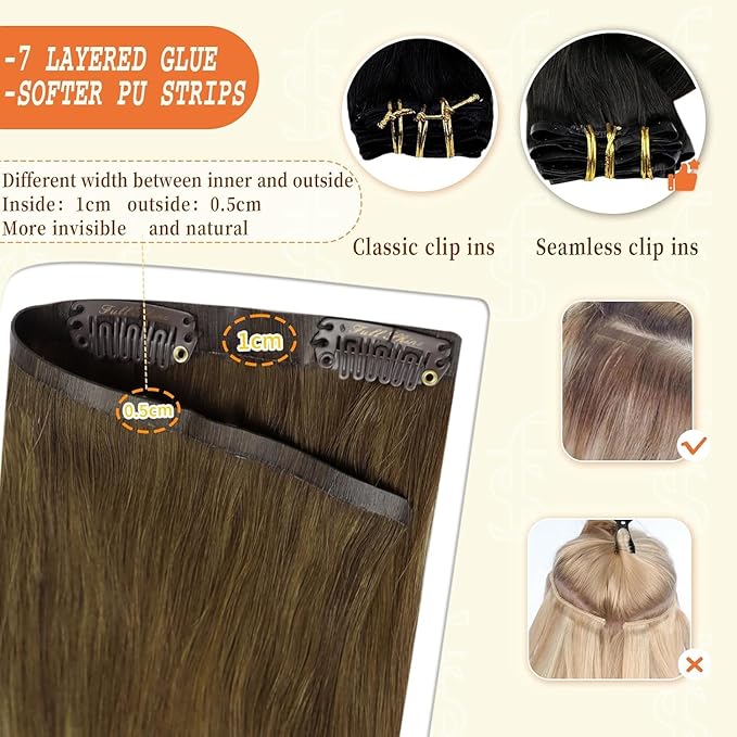 Full Shine Balayage Hair Extensions Clip in Ombre Medium Brown to Honey Blonde and Platinum Blonde Seamless Clip in Hair Extensions 22 Inch Remy Hair 8 PCS 120 G