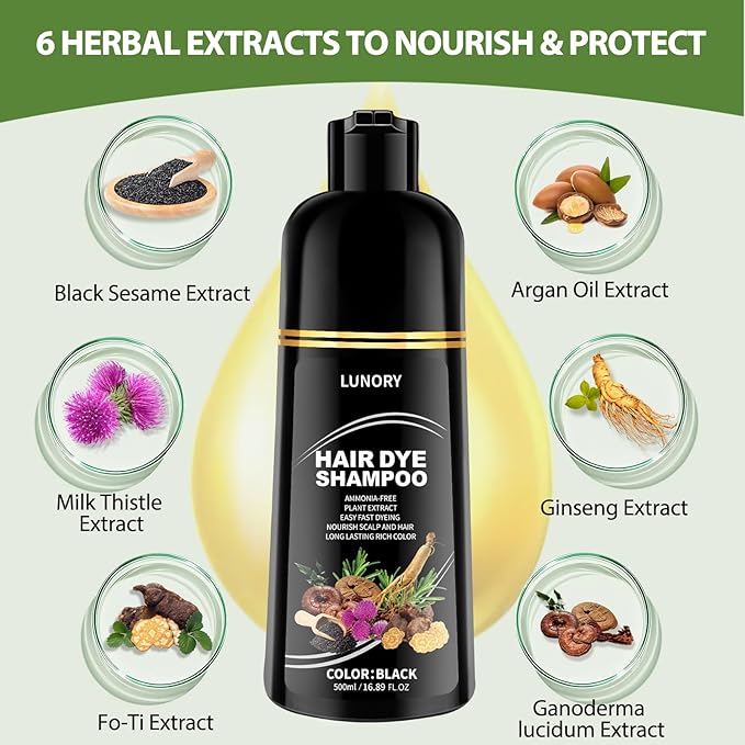 Black Hair Dye Shampoo for 100% Gray Coverage - 3 IN 1 Hair Color Shampoo with Argan Oil & Ginseng, Ammonia & Paraben Free, Long Lasting Semi-Permanent Natural Color for Women & Men (500ml)
