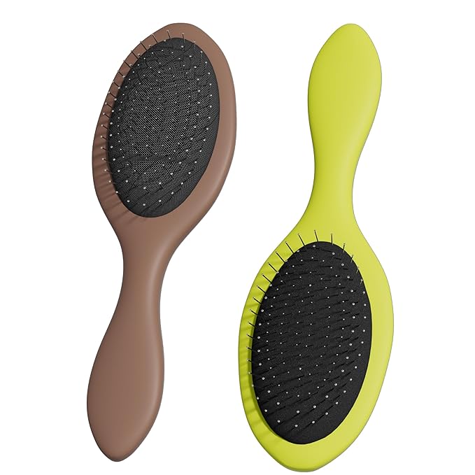 WeiLa Anti-Static Hair Brush Oval, Stainless-Steel Bristles Detangler for Wigs & Hair, ABS Handle (Marble Brown + Lemon, Couple)