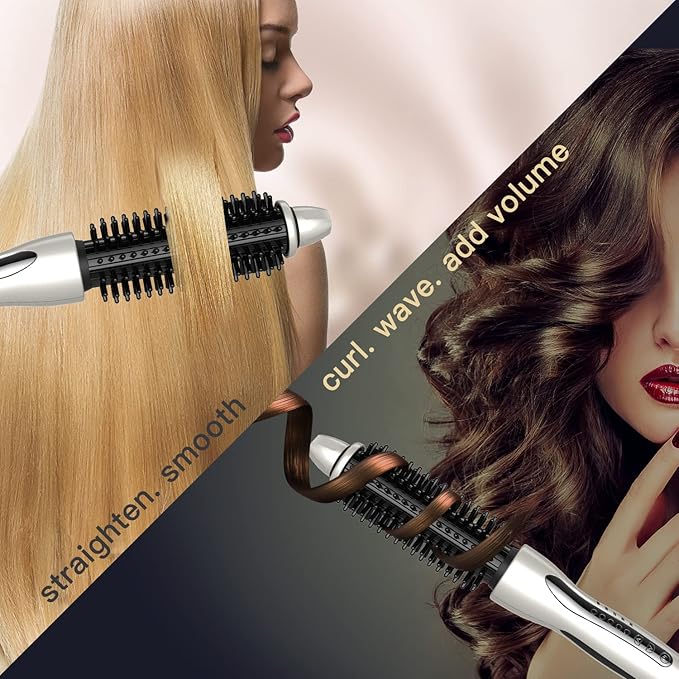 MIRACOMB Professional Hair Curler Straightening Brush | Ceramic Heated Round Brush | 1" Comb Flat Iron Straightener | Anti-Frizz Curl Wand Iron Roller with 5 Heat Settings, Cool Touch, Auto off, White