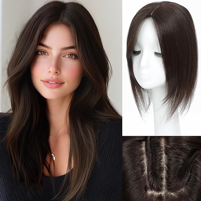 Hair Toppers for Women Real Human Hair, 360° 3D Human with Thinning Upgrade Middle Part Clip in Bangs Topper Hair Pieces for Women Daily(Medium Dark Brown, 14 Inch-3D-Side)