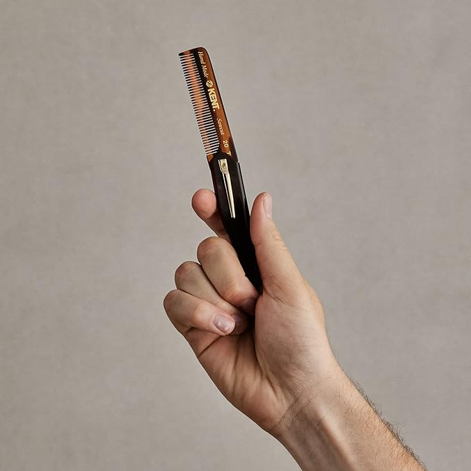 Kent 20T Handmade Folding Pocket Comb for Men, Fine Tooth Hair Comb Straightener for Everyday Grooming Styling Hair, Beard or Mustache, Use Dry or with Balms, Saw Cut Hand Polished, Made in England
