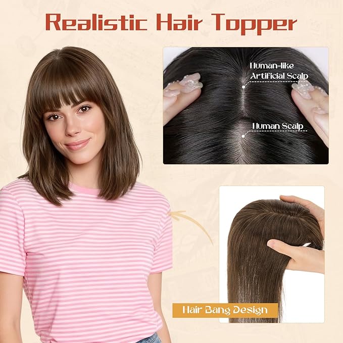 Rich Choices Human Hair Toppers for Women-100% Real Remy Hair Topper with 3D 360°Bang-Upgraded 150% Density 9 * 12CM Lace Base-Clip in Hairs topper for Thinning Hairs-10Inch #2 Dark Brown