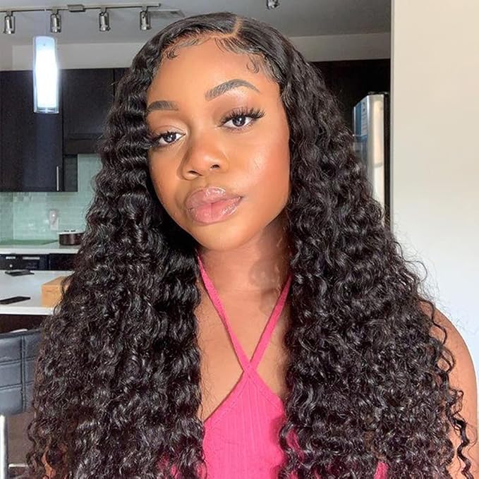 Water Wave Lace Front Wigs Human Hair Brazilian 180% Density Virgin Hair 4X4 Deep Curly Lace Closure Wigs for Black Women Pre Plucked with Baby Hair Natural Color (24 Inch,Water Lace Closure Wigs)