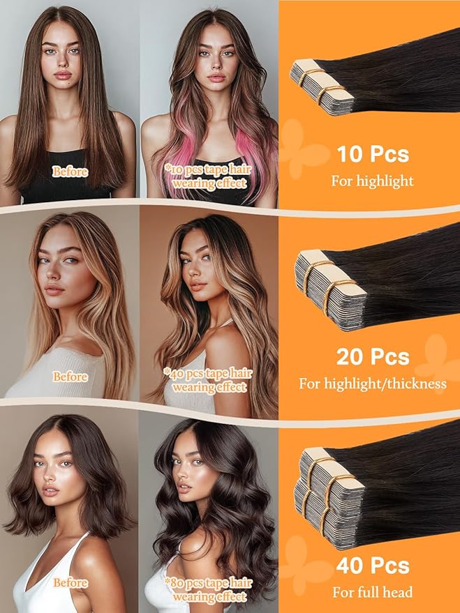 DOORES Human Hair Extensions Tape in, Balayage Natural Black to Light Blonde 14 Inch 40pcs 100g, Tape in Remy Human Hair Extensions Hair Extensions Straight Hair