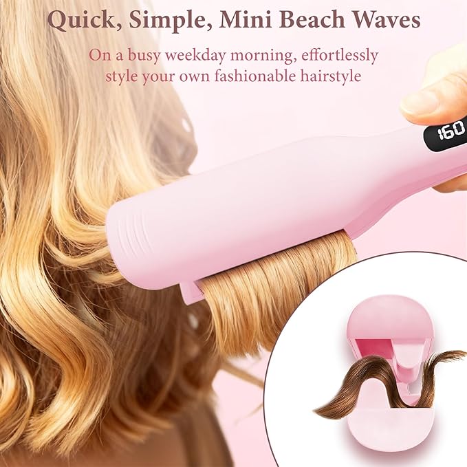 Hair Waver Hair Crimper for Women, Hair Crimper Tool Curling Iron Waver for Natural Waves and Soft Beach Hair Wave Curling Iron with 30S Fast Heating & PTC Heater 110-220V, Pink
