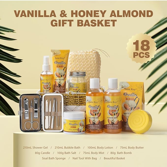 Spa gift baskets Luxury gifts, Christmas Gifts for Women, Large basket 25 pcs for Women & Men Bath and Body Shower Bath Kit, Vanilla Honey Almond birthday gifts bath gift Spa Kit, Mother's Day Gifts