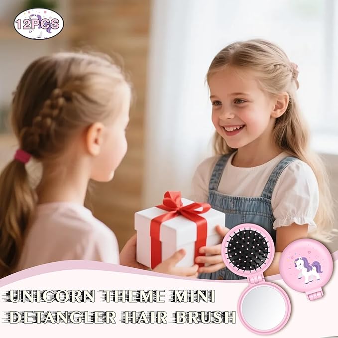 12 Pcs Unicorn Mini Detangler Brush, Folding Mirror Hair Brushes, Mini Travel Hair Brush, No Tangle Soft Flexible Bristles for Straight, Curly, Thick Hair for Party Gift
