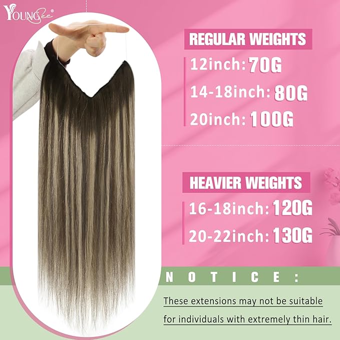 YoungSee Wire Hair Extensions Human Hair Balayage Invisible Wire Human Hair Extensions Ombre Dark Brown with Ash Blonde Straight Fish Line Extensions Soft Remy Hair 14Inch 80G