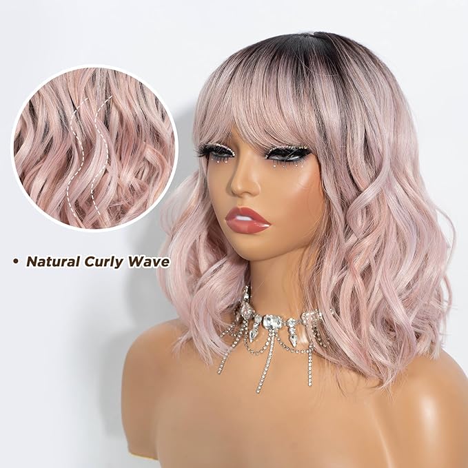 NOBLE Pink Wig with Bangs Short Ombre Pink Bob Wigs for Women Colorful Short Wavy Wigs Heat Resistant Synthetic Bob Wigs with Dark Roots for Daily Party Use