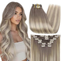 Full Shine Hair Clip in Ombre Grey Human Hair Extensions Full Head Color 19A Fading to 60 Platinum Blonde Highlighted Double Weft Clip ins for Women 18 Inch 7 Pcs 120 G