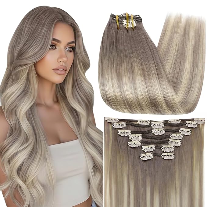 Full Shine Hair Clip in Ombre Grey Human Hair Extensions Full Head Color 19A Fading to 60 Platinum Blonde Highlighted Double Weft Clip ins for Women 18 Inch 7 Pcs 120 G