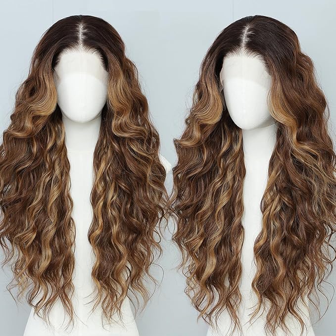 Highlight Brown Mix Blonde 13x4 Synthetic Lace Front Wigs Pre Plucked 26 Inch Long Wavy 100% Futura Premium Wigs For Black Women Ready to Wear Daily Party Use