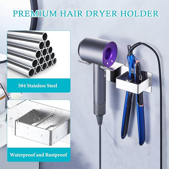 Hair Dryer Holder, Hair Straightener Holder Wall Mount, Hair Tool Organizer, Hairdryer and Straightener Holders, Adhesive Hair Tool Storage for Blow Dryer, Curling Iron, Flat Iron Stand (Silver)