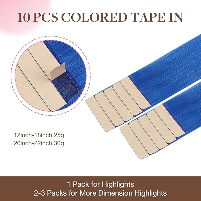 GOO GOO Tape in Hair Extensions Human Hair, Blue, 20inch 30g 10pcs, Colored Tape ins Human Hair Extensions, Silky&Soft Invisible Tape Ins, Hair Highlighted for Party
