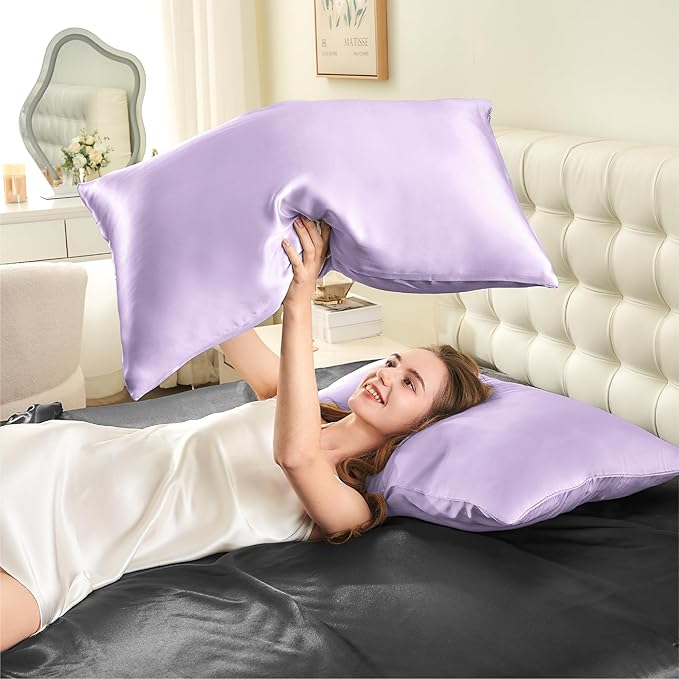 INFIIXSO Silk Pillow Cases 2 Pack Standard Size, Ultra Smooth & Soft Mulberry Silk Pillow Case for Hair and Skin, Breathable Cooling Silk Pillowcase with Hidden Zipper (Lavender, 20x26 Inches)