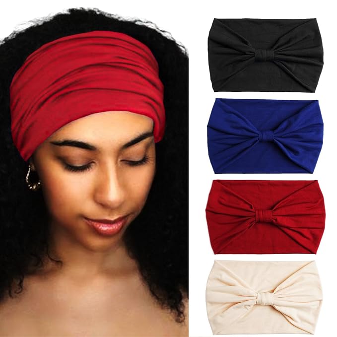 Wide Headbands Stretch Turban Knotted Hairbands Elastic Yoga Workout Sweatband Running Sport Head Scarf Large African Head Wraps for Women 4 Pcs (Set B)
