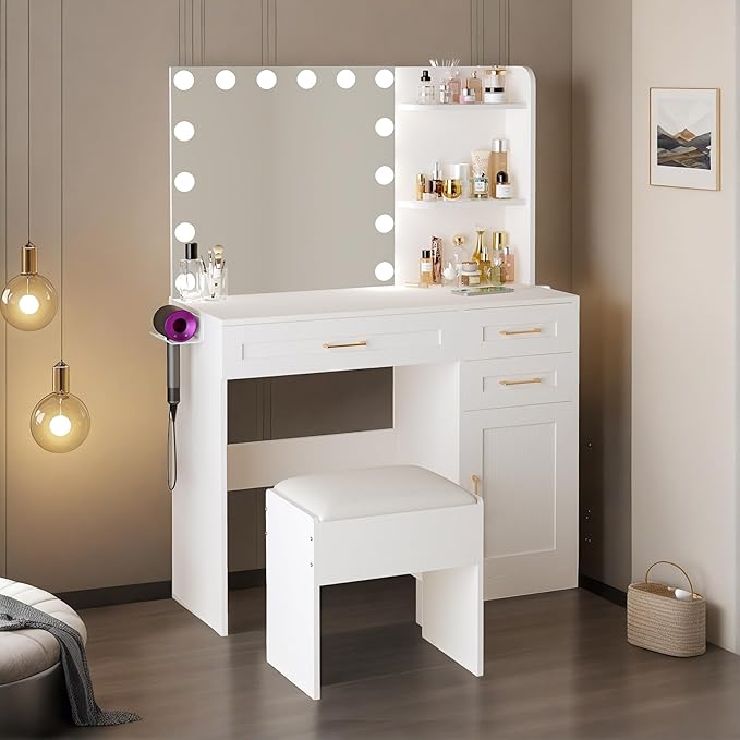 Vanity Desk with Mirror and Lights, 37 inch Vanity Set with Storage Chair & Power Outlet, White Makeup Vanity with 3 Drawers & Large Cabinet, 3 Colors Lighting Adjustable Brightness, Hair Dryer Rack